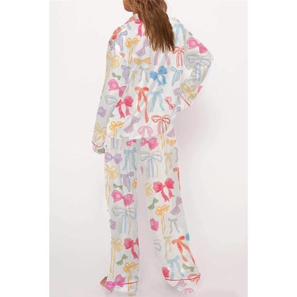 White Bow Knot Print Lapel Collar Wide Leg Satin Pajama Set