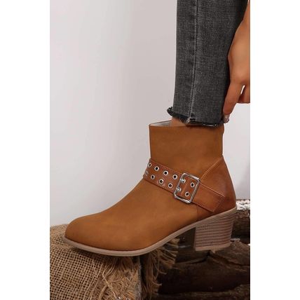 Chestnut Eyelet Buckled Chunky Heel Faux Leather Ankle Boots