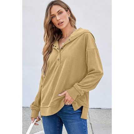 Simply Taupe Solid Ribbed Knit Buttoned Drop Shoulder Oversized Hoodie