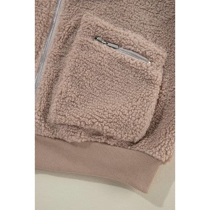 Light French Beige Zipper Pocketed Winter Fuzzy Jacket