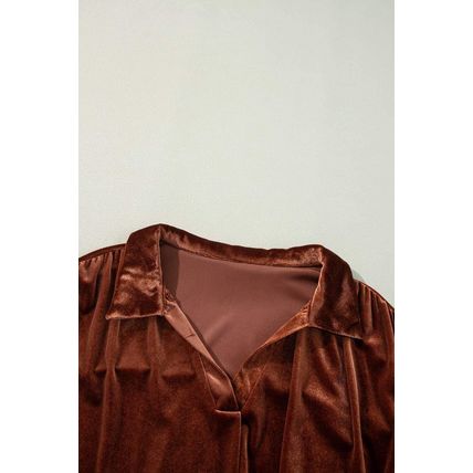 Coffee Plus Size V Neck Collared Pleated Back Rounded Hem Velvet Dress