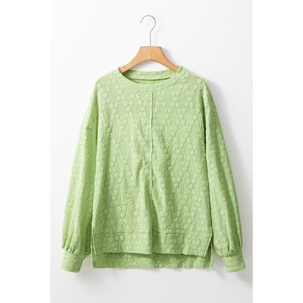 Light Green Solid Color Textured Side Split Crew Neck Blouse
