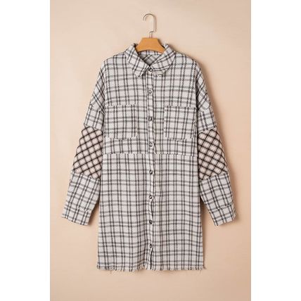 White Stripe Plus Size Plaid Buttoned Raw Hem Tunic Shirt Dress