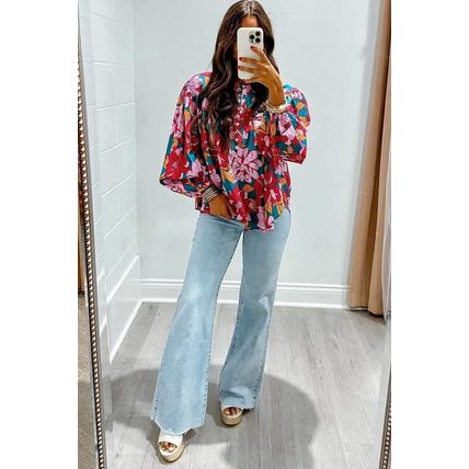 Red Floral Printed Balloon Sleeve Half Buttons Blouse