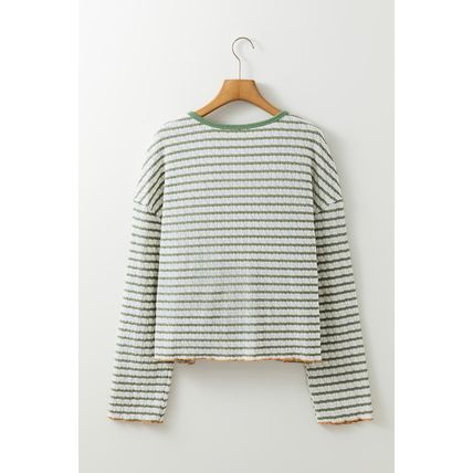 Green Stripe Textured Frilly Trim Buttons Henley Long Sleeve Top
