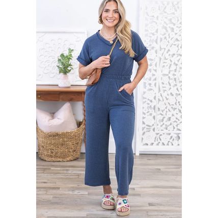 Sail Blue Ribbed V Neck Tee and Pants Plus Size Set