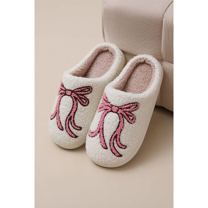 White Bow Knot Pattern Plush Warm Slippers