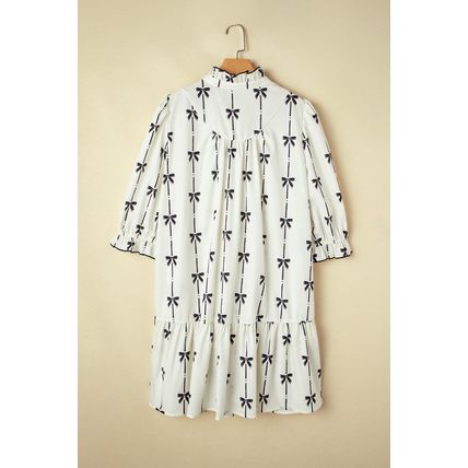 Apricot Bow Printed Puff Sleeve Ruffled Plus Size Mini Dress