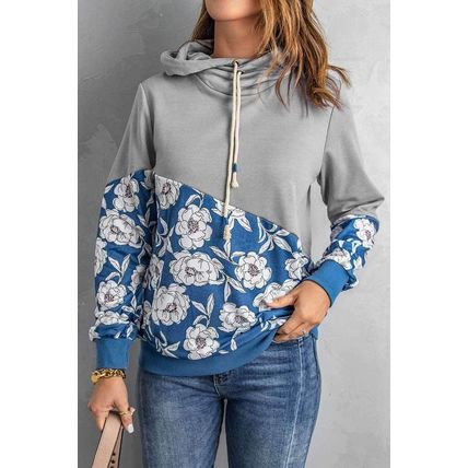 Gray Floral Splicing Cowl Neck Hoodie