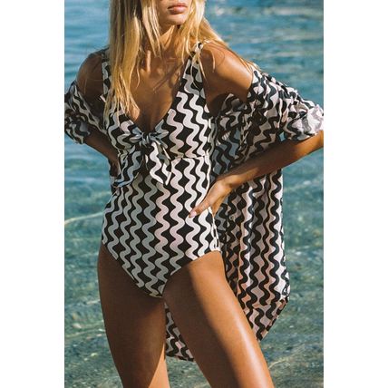 Black Stripe Print Loose Fit Open Front Beach Cover Up