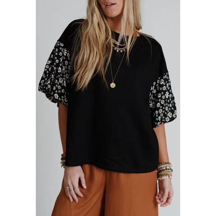 Black Contrast Floral Puff Sleeve Oversized Top