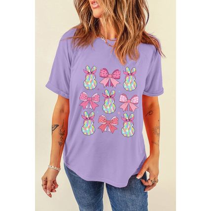 Wisteria Dotty Bowknot Bunny Graphic Crewneck Easter Fashion T Shirt
