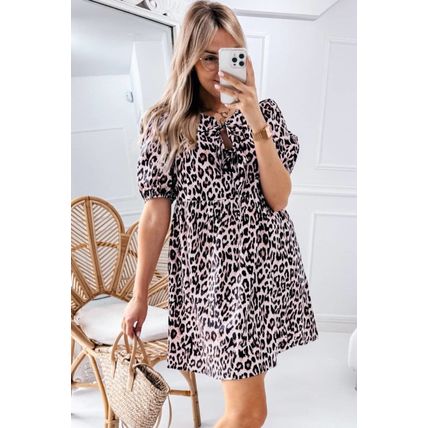 Brown Leopard Tied Front Keyhole Puff Short Sleeve Mini Dress