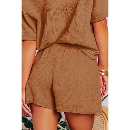 Chestnut Crinkle Textured Polo Shirt and High Waist Shorts Set