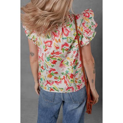 Multicolour Allover Floral Printed Flutter Sleeve Split Neck Blouse