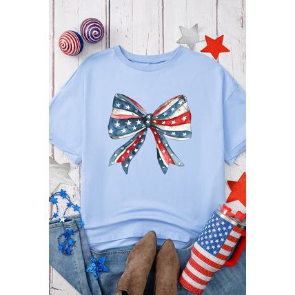 Myosotis July 4th Stars and Striped Bow Print Oversize Tee
