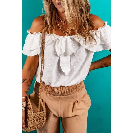 White Off Shoulder Ruffle Knotted Detail Swiss Dot Blouse