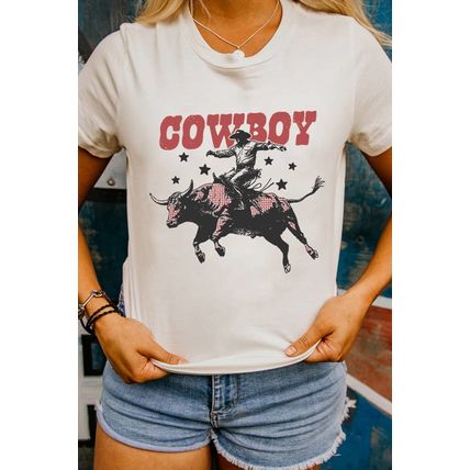 White COWBOY Star Graphic Crewneck Western Fashion Tee