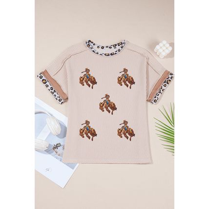 Jet Stream Sequin Rodeo Patch Twisted Rib Colorblock Leopard Trim T Shirt