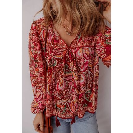 Multicolour Ethnic Paisley Print Tassel Tie Puff Sleeve Boho Blouse