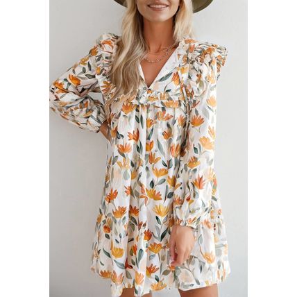 Yellow Floral Print Tie Neck Frilled Detail Long Sleeve Mini Dress