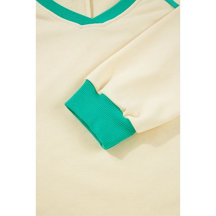 White Contrast Trim Colorblock Long Sleeve Pullover and Drawstring Shorts 2pcs O