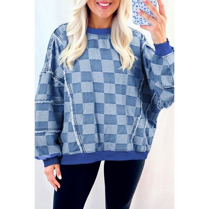 Sky Blue Checkerboard Splicing Raw Detail Oversized Denim Pullover