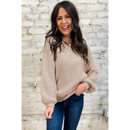Parchment Mixed Texture Patchwork Knitted Puff Sleeve Sweater