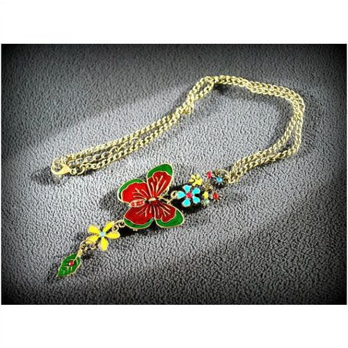 Antiqued Bronze Enamel Crystal Floral Butterfly Pendant Necklace Jewellery 715