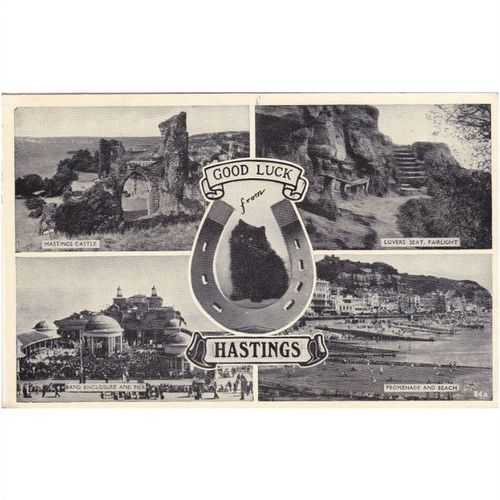 Multi view Good Luck Hastings nice postmark Sussex Postcard (SX70892)