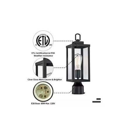 1-Light Black Metal Hardwired Outdoor Weather Resistant Post Light with No Bulbs