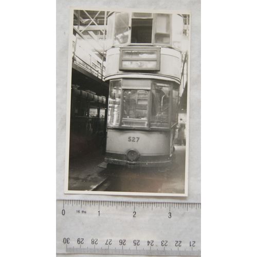 Photo Glasgow Tram no. 527 at Maryhill Depot in 1956