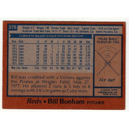 1978 Topps baseball card 276 Bill Bonham - Reds