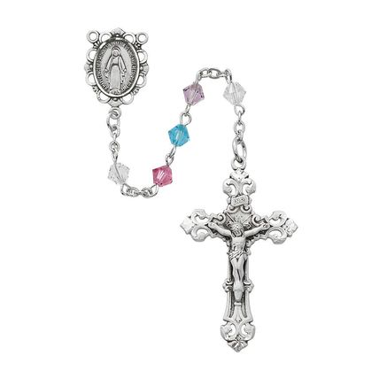 COLORED ROSARY, SWAROVSKI, STERLING SILVER CRUCIFIX WITH A DELUXE GIFT BOX