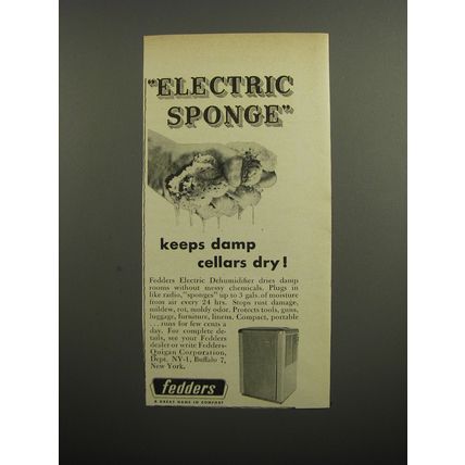 1952 Fedders Electric Dehumidifier Ad - Electric sponge keeps damp cellars dry