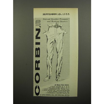 1955 Corbin Trousers Ad - Natural shoulder trousers and walking shorts