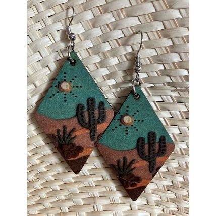 Earrings Western Cactus Sun Gobi Mountain Dangle Blue #670