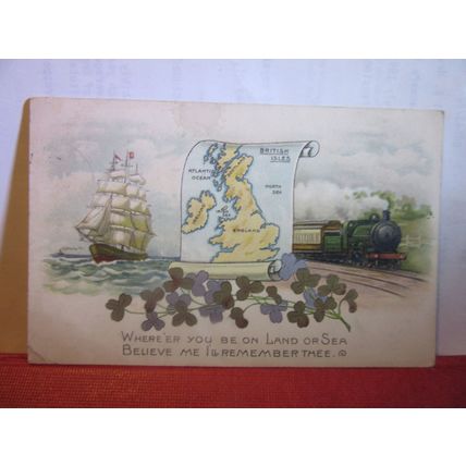 ON LAND OR SEA, ships or railway used antique postcard by Wildt & Kray 1908 pm =