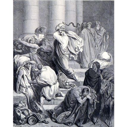 BUYERS AND SELLERS DRIVEN OUT OF THE TEMPLE 1885 Gustave Doré ANTIQUE ENGRAVING