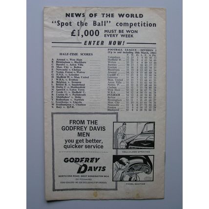 FULHAM v TOTTENHAM HOTSPUR (Double Season) Div1 25/03/1961