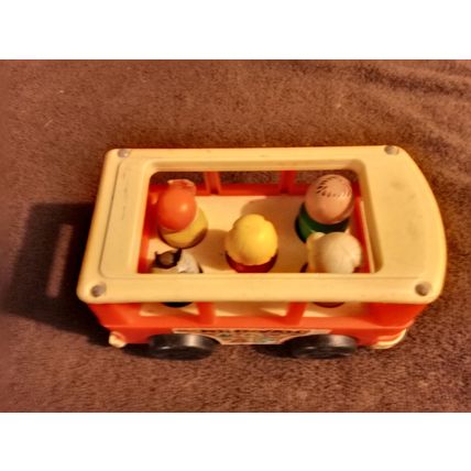 Old Fisher Price Mini Bus #141 6 1/2" Long Working 1970 All Wood Figures