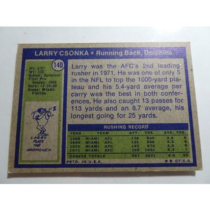 1972 Topps Football Card # 140 Larry Csonka Very Good (3) Miami Dolphins
