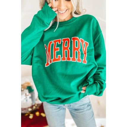 Bright Green MERRY Graphic Pullover Sweatshirt