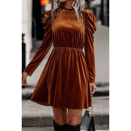 Chestnut Velvet Frilled Neck Gigot Sleeve Swing Dress