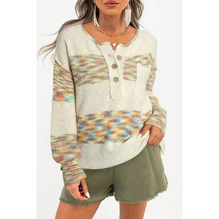 Multicolor Space Dye Henley Knit Sweater