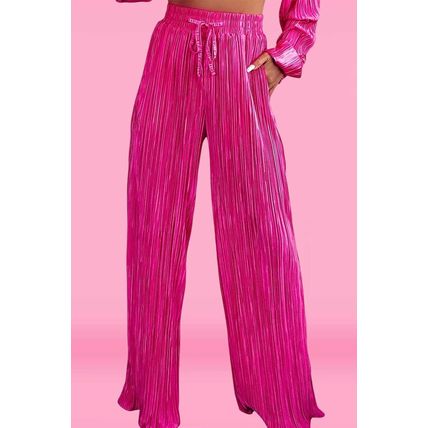 Rose Pleated Long Sleeve Shirt and Wide-Leg Pants Set
