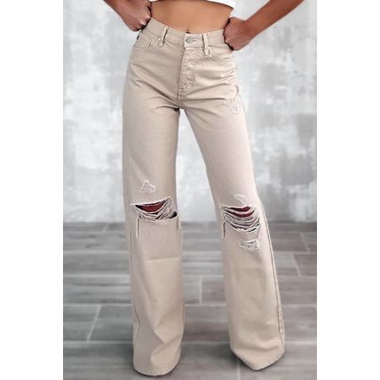 Khaki High Waist Ripped Wide-Leg Jeans
