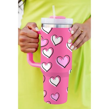 Rose Red Valentines Heart Printed Thermos Cup with Handle