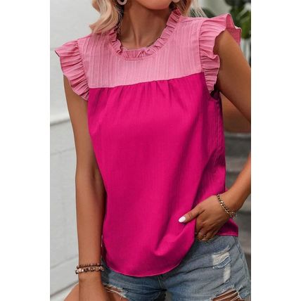 Rose Red Two Tone Ruffled Flutter Sleeve Blouse