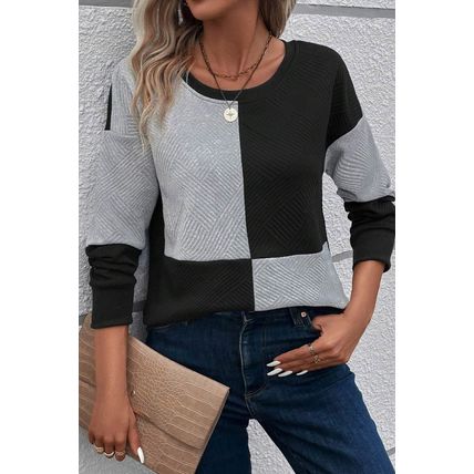 Black Color Block Textured Drop Shoulder Top